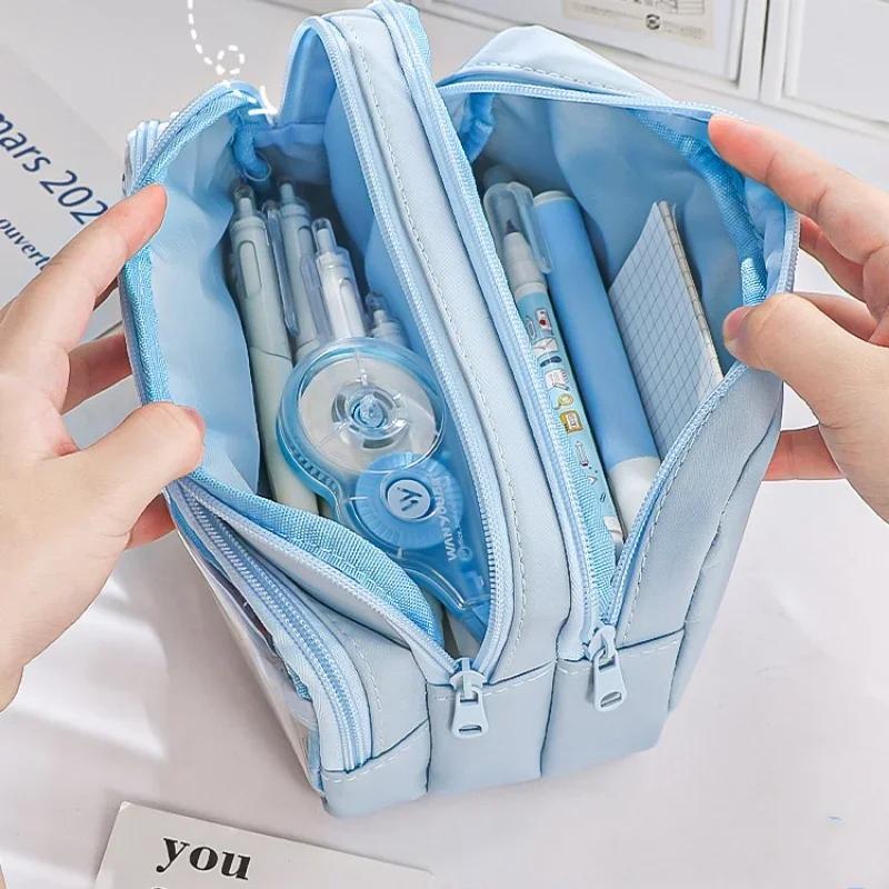 Chic Solid Color Pencil Case Korean Simplicity Transparent Pen Pouch Large Capacity Stationery Organizer Bag School Supplies