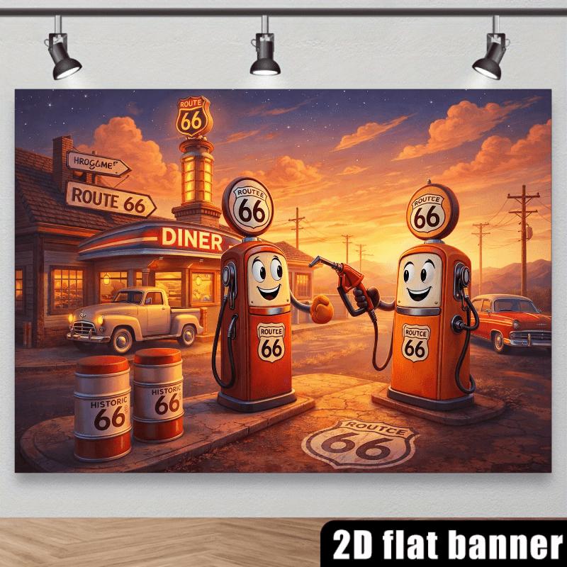 2D plane No. 66 Highway Retro Gas Station backdrop fabric, featuring a neon sign "ROUTE 66"XY
