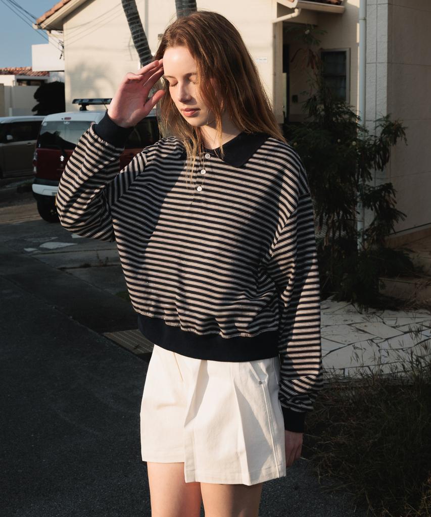 DEHEVE Collar Stripe Sweatshirt [Navy]