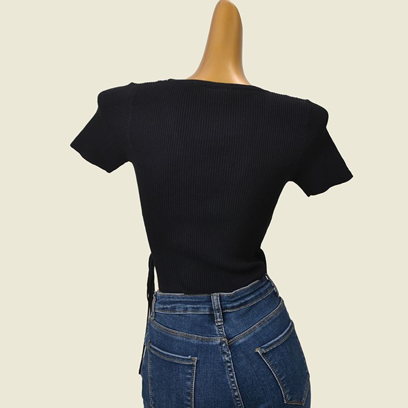 American Style Cross V-neck Side Waist Lace Up Slim Fit Short T-shirt Sexy Summer Short Sleeve High Elastic Midriff-Baring Top Women