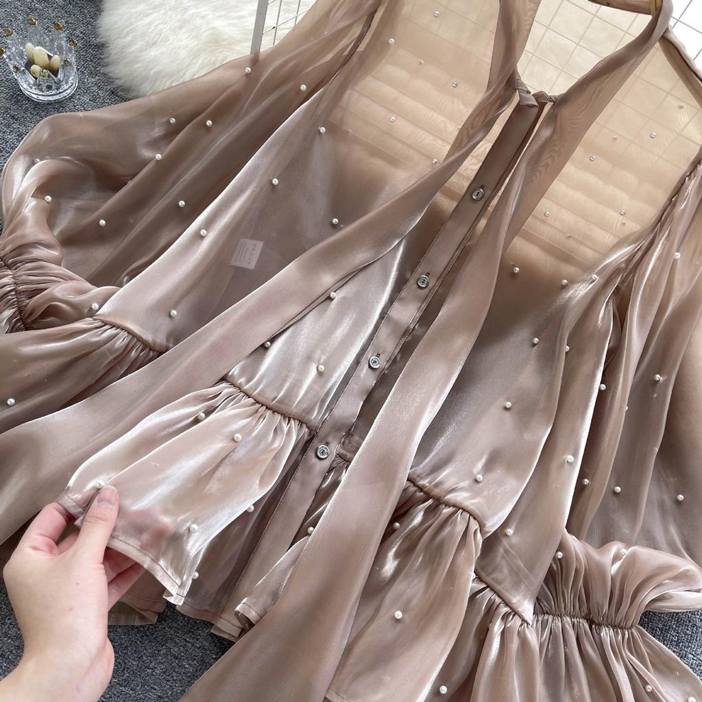 Premium Sense of Niche Design Sense Beading Bow Flare Sleeve Shirt Autumn Women's Clothing Celebrity Temperament Shirt