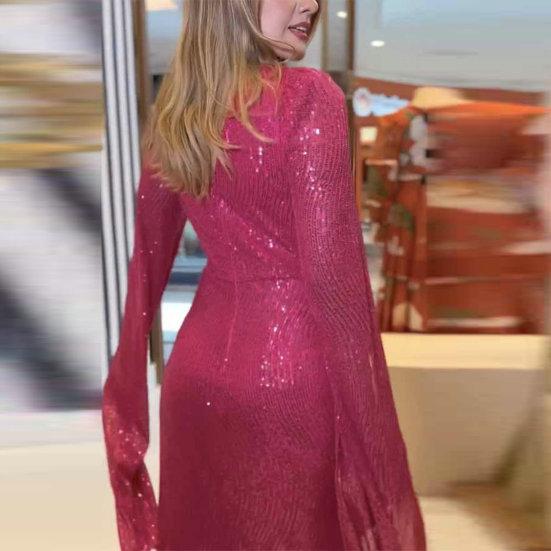 Женское вечернее платье с разрезом на рукавах, глубокий V-образный вырез, блестящие пайетки, облегающее, с узкой талией и узлом, плиссированное, полная длина, сплошной цвет, женское платье для выпускного банкета, макси
