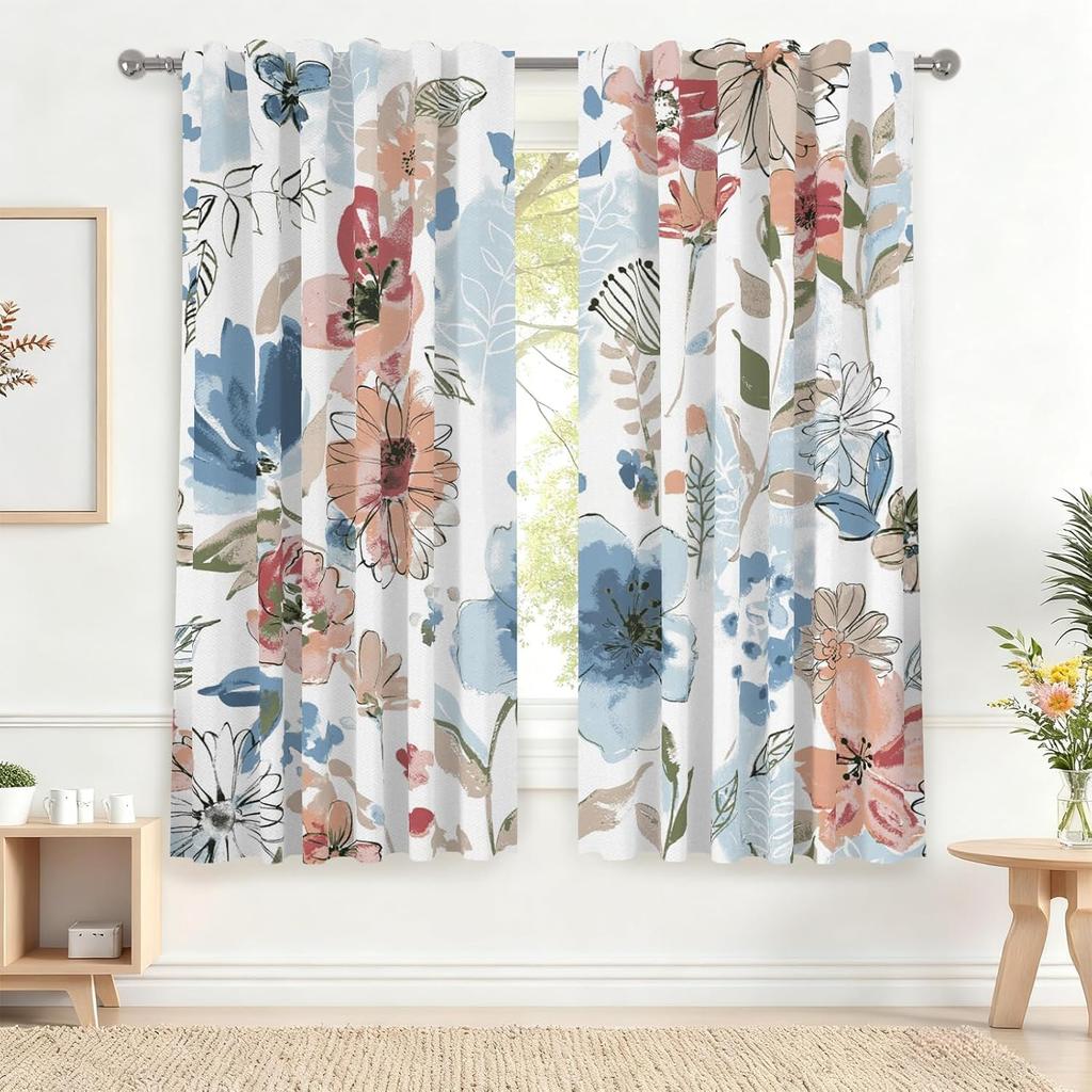 Watercolor Floral Curtains Abstract Flower Print for Living Room Bedroom Window Decor