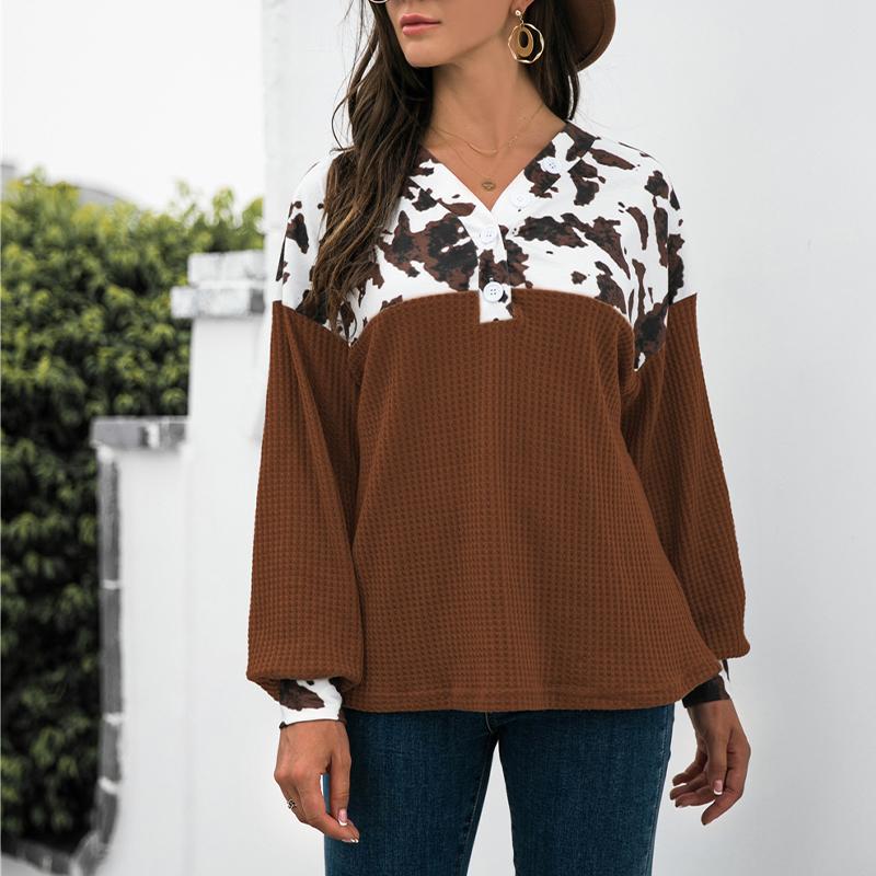 Women's Loose Top Casual Leopard Print Button Long Sleeves
