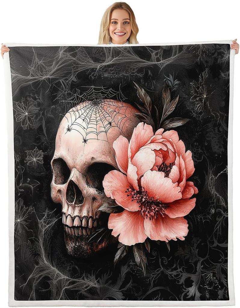 GUOYU Blanket Gothic Skull Fleece Blanket Baby Happy Halloween Sherpa Blanket Ghost Skull Goth Fuzzy Plush Throw for Adults Men WomenHorror