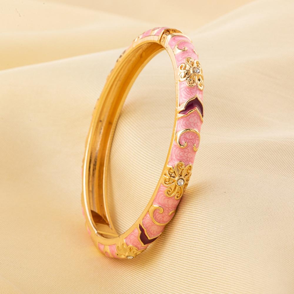 New Colorful Bangle Bracelet Gold Plated Chinese Style Enamel Flower Bracelet Elegant Handmade Cuff Bracelet Women