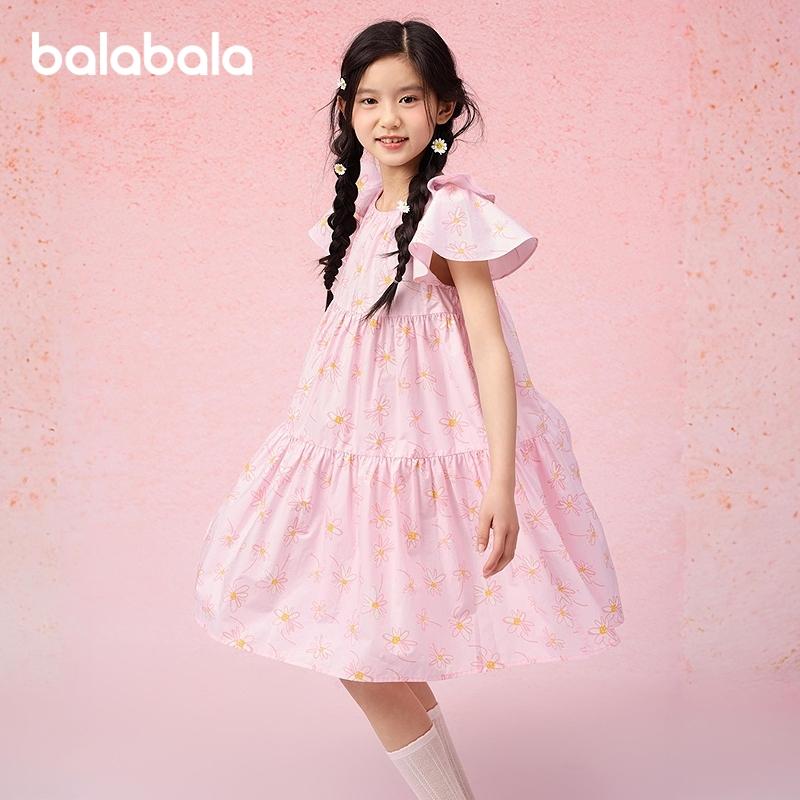 Balabala girls' dress, children's dress, 2025 new summer dress, medium and large children's pure cotton sweet A-line tower skirt