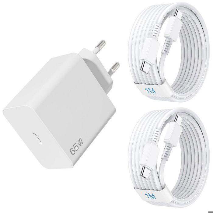 Chargeur Rapide 65W + 2 Câbles USB-C pour iPhone Duo 18 Pro Max 17 Pro Max 16 Pro 15 iPad A16 - Blanc
