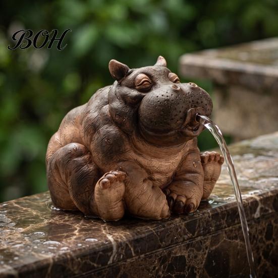 Realistic Hippo Sculpture Water Spitting Hippopotamus Figurine, Resin Statue, Animal Garden Statue Fountain for Pond Pool Decoration Outdoor Decor