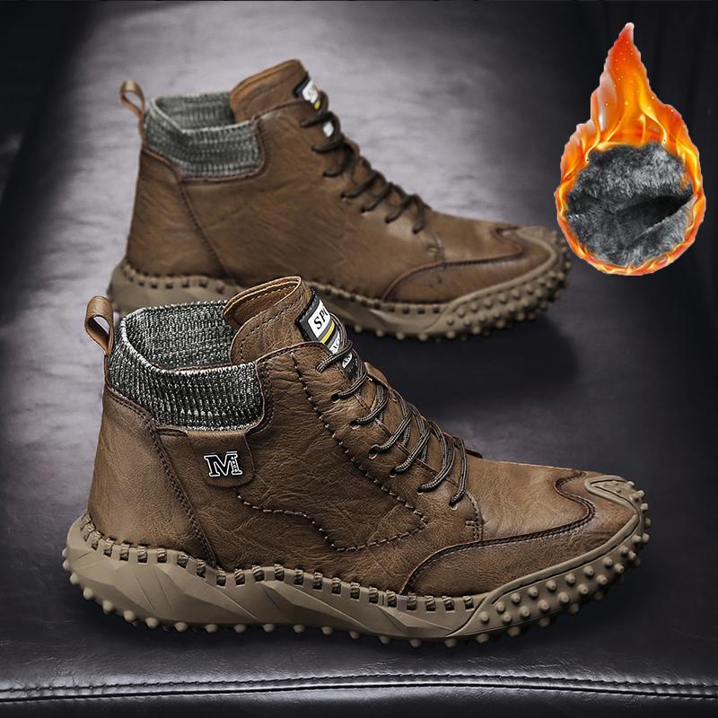 Классические зимние мужские ботинки из натуральной кожи, плюшевые теплые мужские зимние сапоги, непромокаемые уличные мужские рабочие ботинки в римском стиле, мужские мотоциклетные ботинки