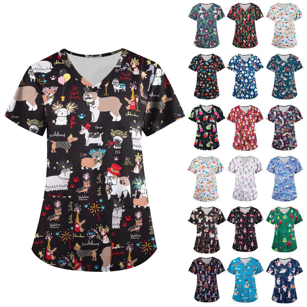 Женские топы с коротким рукавом и v-образным вырезом, рождественские топы с мультяшным рисунком, рабочие футболки с карманами, непозиционирующийся принт