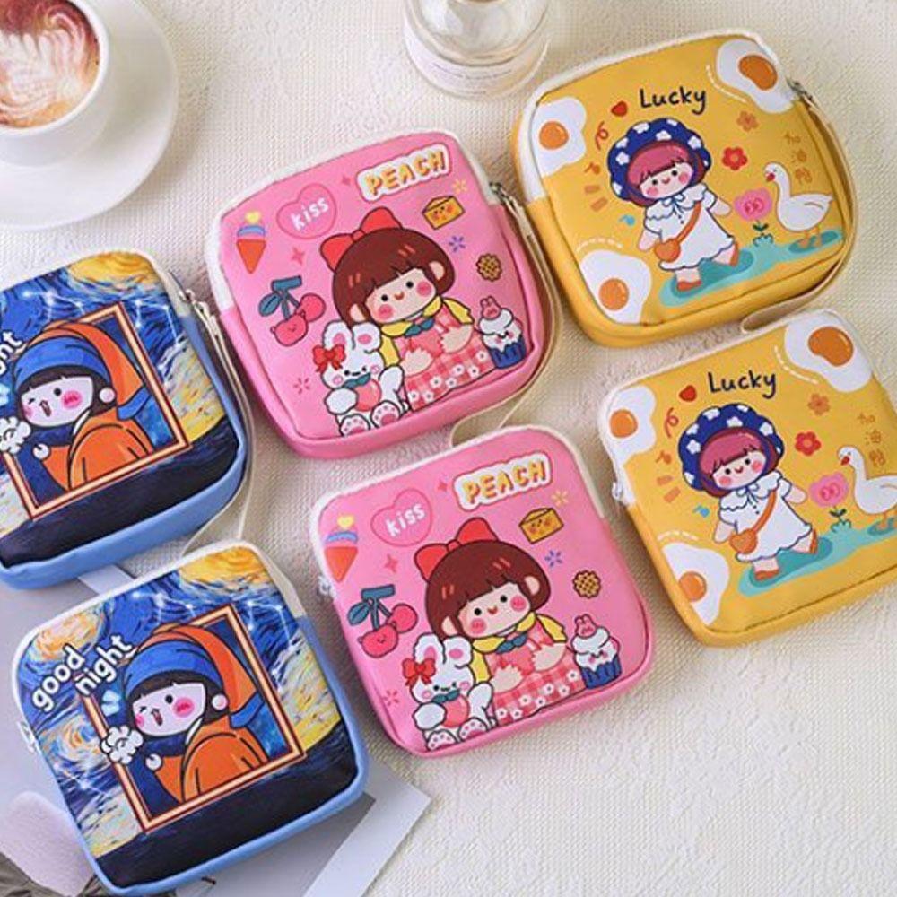 Zipper Sanitary Pad Pouch Cartoon Girls Mini Cosmetic Bags for Lipstick Key Earphone Data Cables
