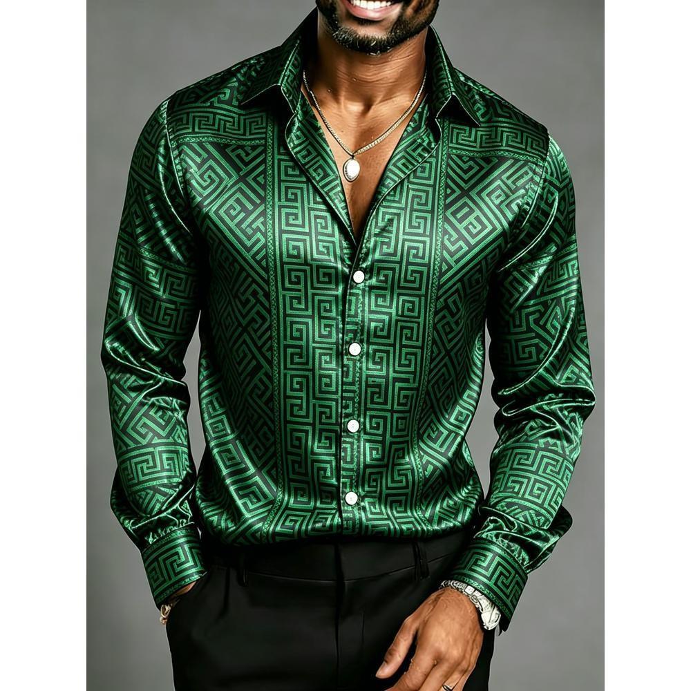 Trendy and Fashionable Men's Luxurious Satin Long Sleeved Shirt with Printed Pattern Design, Suitable for Street Business, Leisu