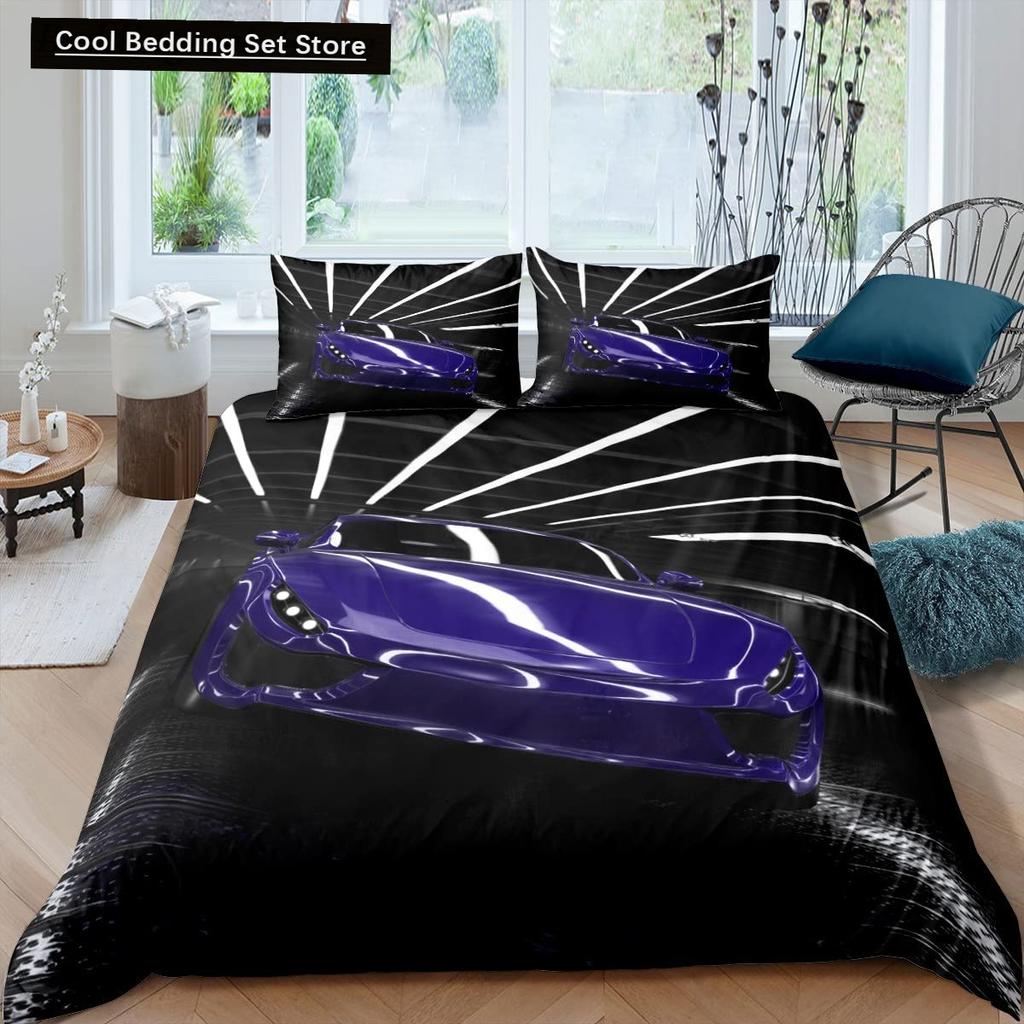 Race Car King Queen Duvet Cover Cool Speed Racing Bedding Set Teens Men Black Sport Car Quilt Cover Polyester Comforter Cover