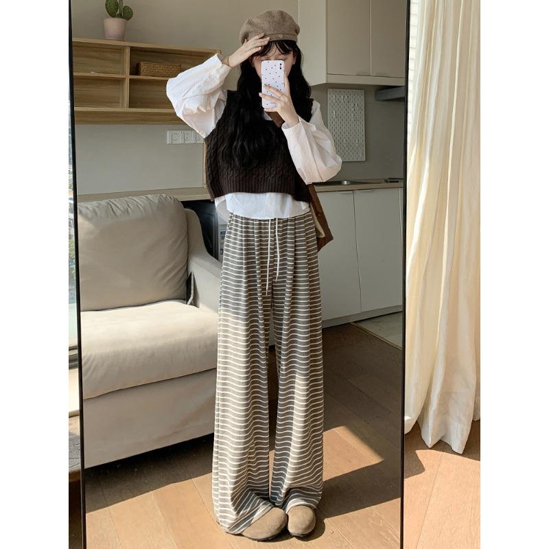 Полосатые брюки из клейкого риса для женщин в осенне-зимнем стиле, с высокой талией, облегающие, драпированные широкие прямые брюки, достающие до пола, повседневные