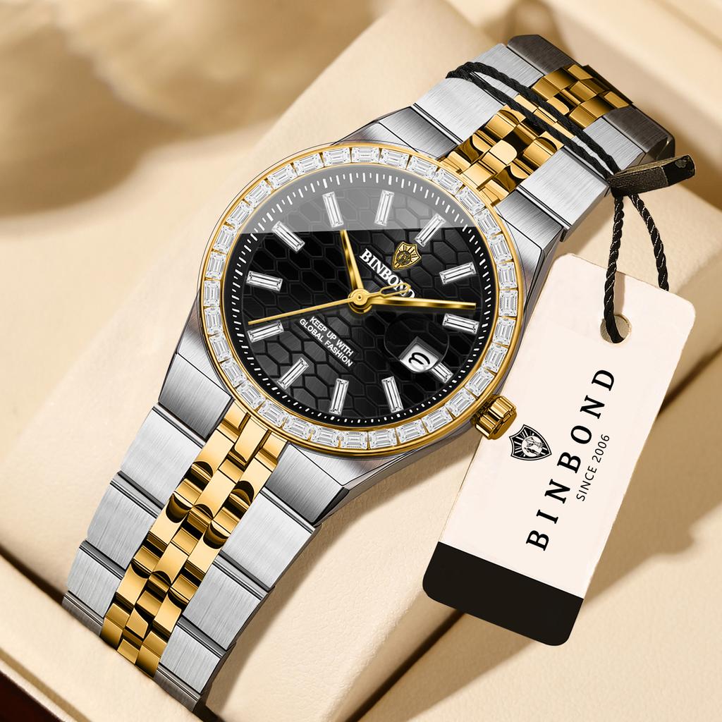 Women's Gift Quartz Watch Stainless Steel Band Waterproof Luminous Pink Dial Luxury Ladies Wristwatch With Calendar