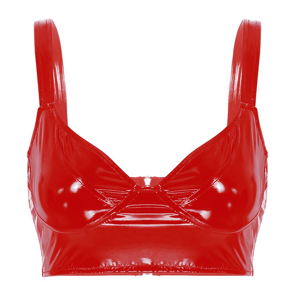 Womens Ladies Rave Crop Tops Latex Wetlook Patent Leather Bra Tops Wide Shoulder Straps Party Tank Top Clubwear