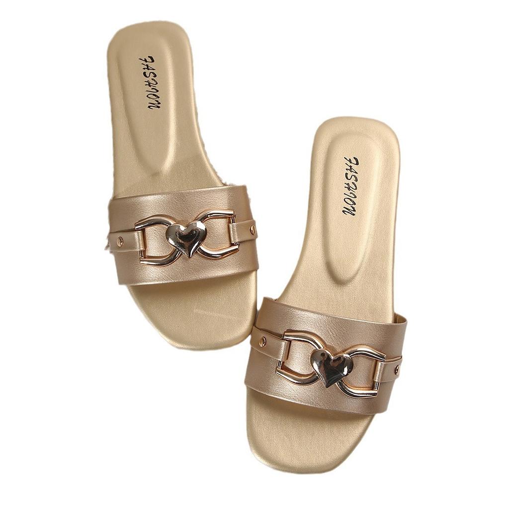 Women's New Fashion Slippers, Classic Temperament, Versatile Solid Color, Metal Decoration Square Head Flat Sandals