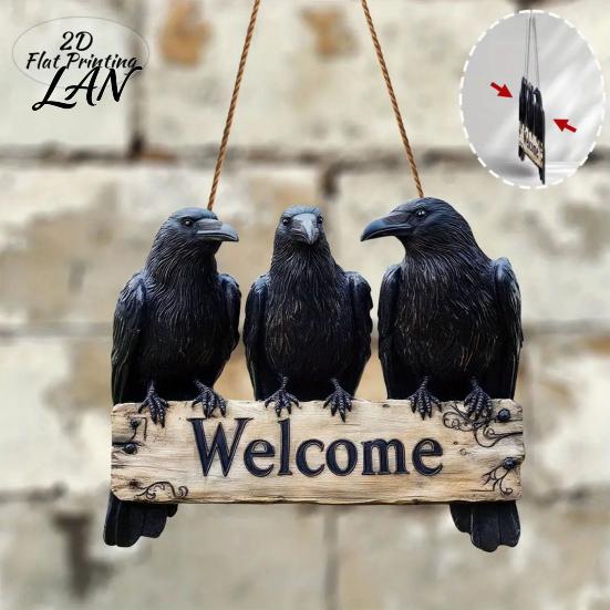 Window Hanging Decor Halloween Crow Door Hanger Sign, Wooden Black Welcome Gothic Natural Hemp Rope Sign Plaque, Rustic Vintage Outdoor for