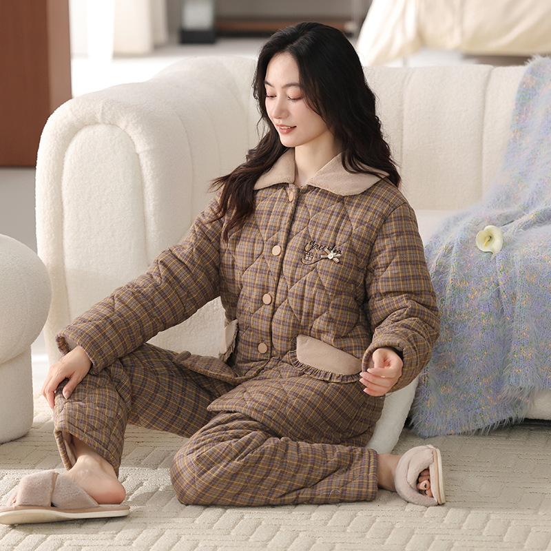Пижама женская зимняя трехслойная утолщенная из чистого хлопка с хлопковой подкладкой осенне-зимняя бархатная теплая стеганая куртка комплект домашней одежды зимний