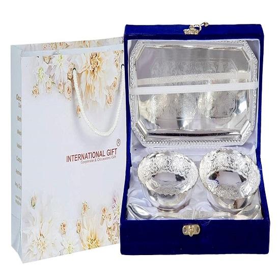 Handmade Set of  German Silver Cups with Tray and Spoon In Beautiful Gift Box and Bag