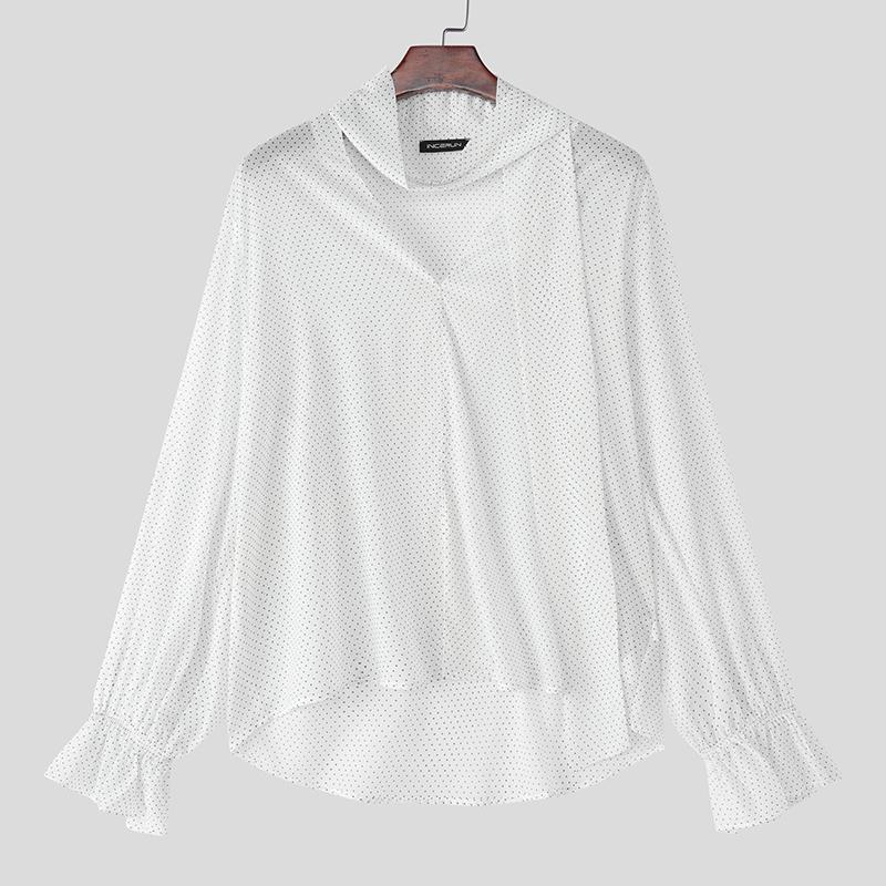 INCERUN Мужские блузки с длинным рукавом, полупрозрачные, в горошек, оверсайз, повседневные