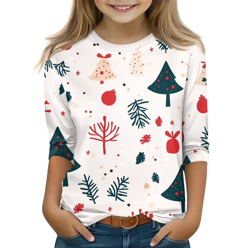 Рождественские топы с принтом для девочек-подростков 5-16 лет, футболки с круглым вырезом и рукавами 3/4, модные топы, нарядные футболки