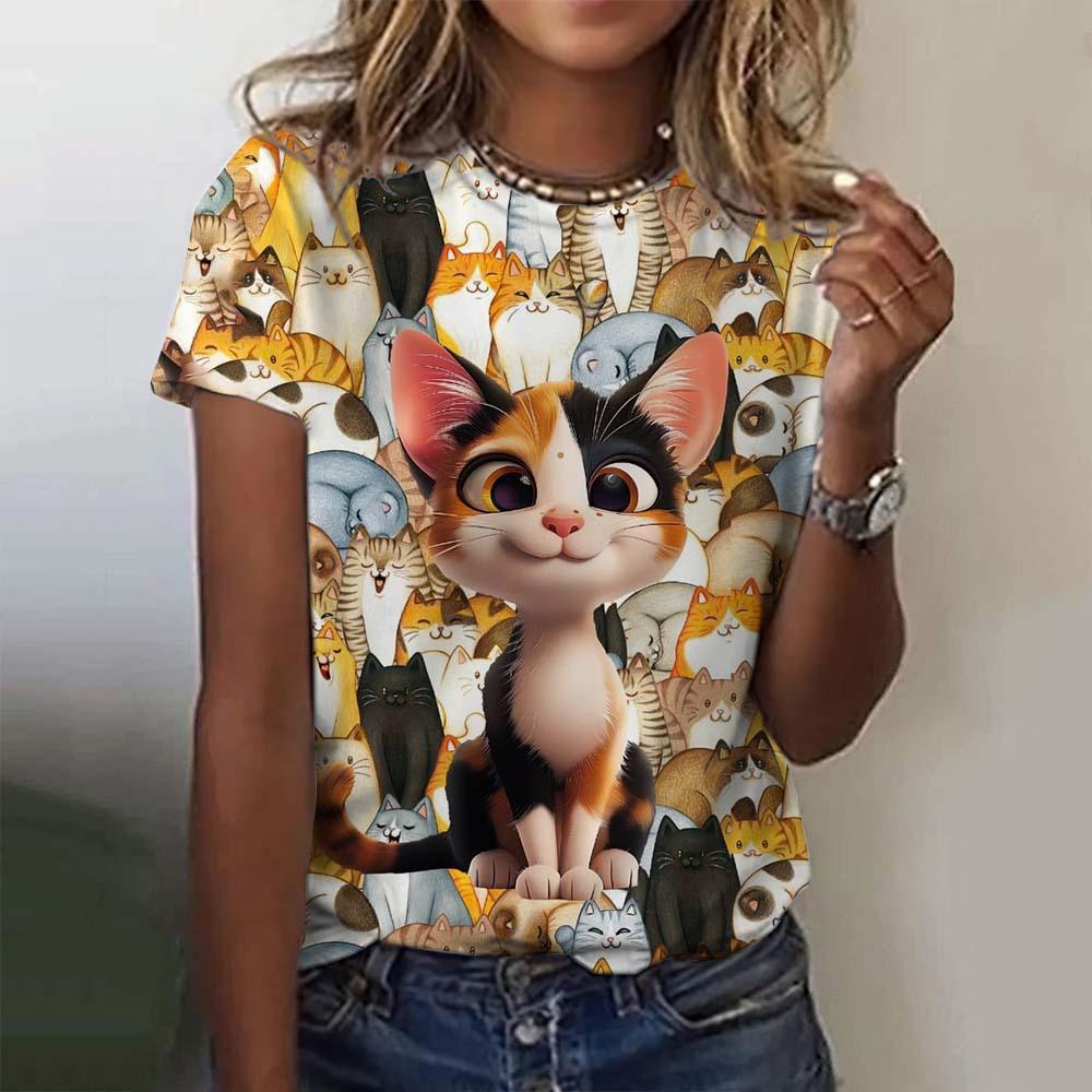 Женская футболка с короткими рукавами и принтом кота, повседневная, с 3D-узором для девочек на лето