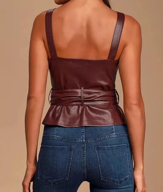 Бордовый Топ Повседневный Натуральная Женская Кожа Стильный Формальный Овечья Кожа Вечеринка Ручная Работа