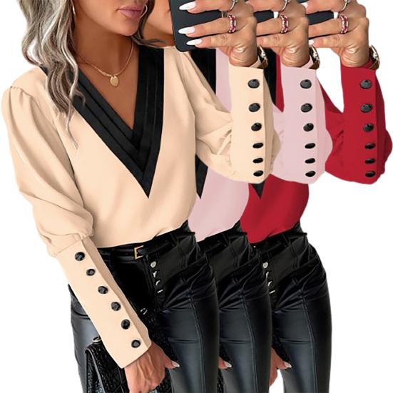 Цветной большой размер шеи, мягкая пуговица с декором, V-образный вырез и длинный рукав, контрастный лоскутный пуловер, топ в повседневном стиле