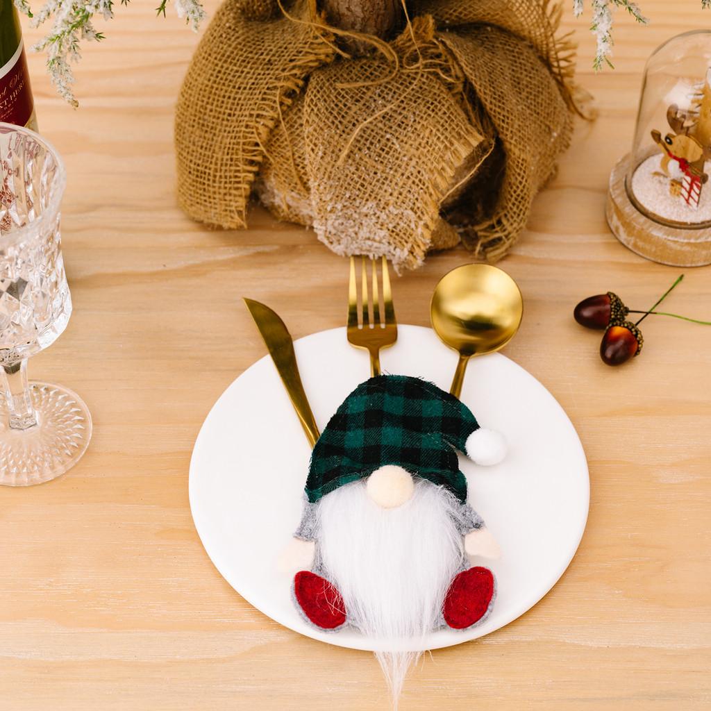 Festive Checkered Hat Gnome Tabletop Ornament With Cutlery Holder For Holidays