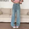 MODIQUE Summer Plus Size Jeans Long Elastic Pants Women Loose Straight Casual Female Vintage Trousers Basics Wide Leg High Waisted Pants Blue