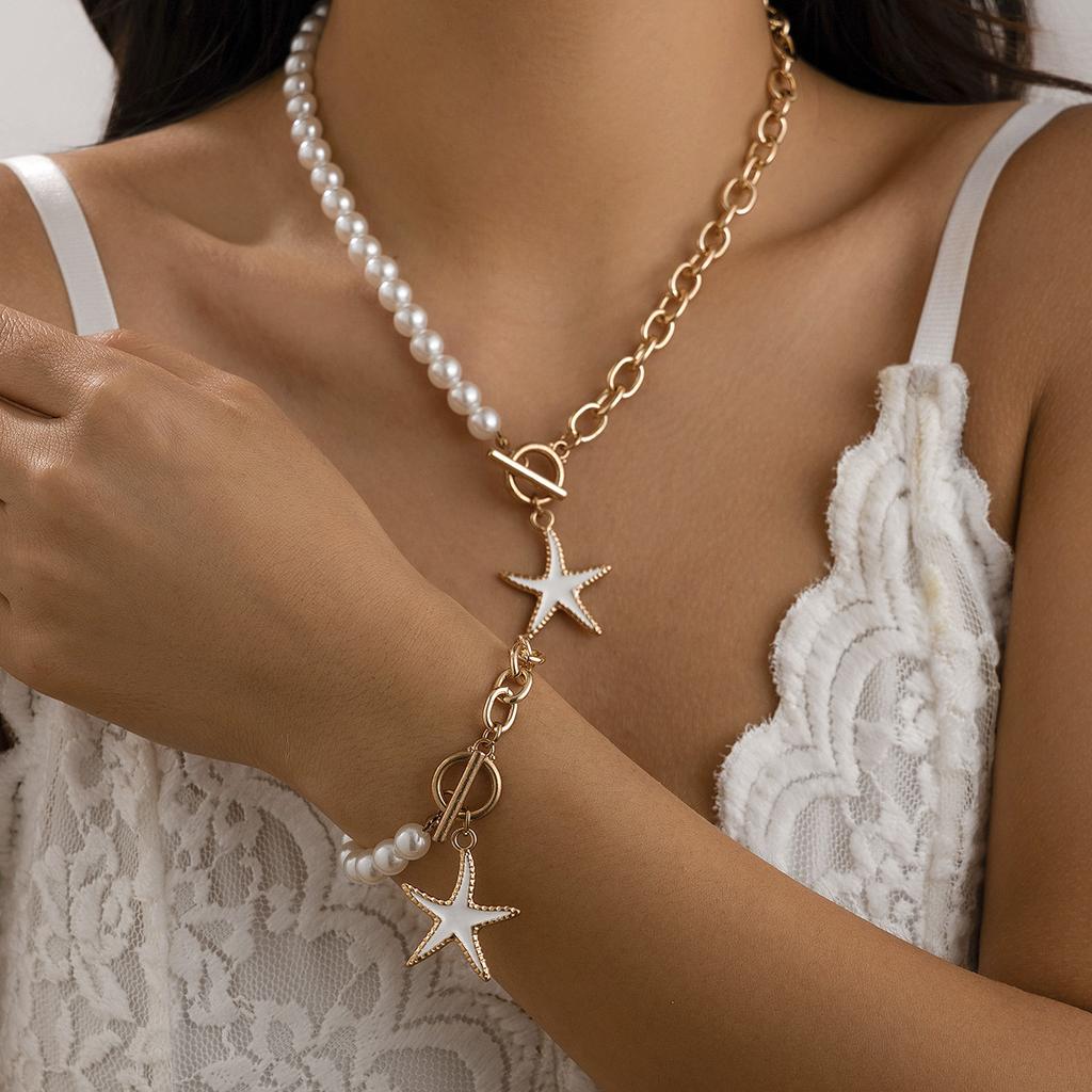 Ocean Style Colorful Star Pendant Necklace, Pastoral Vacation Asymmetrical Imitation Pearl Necklace