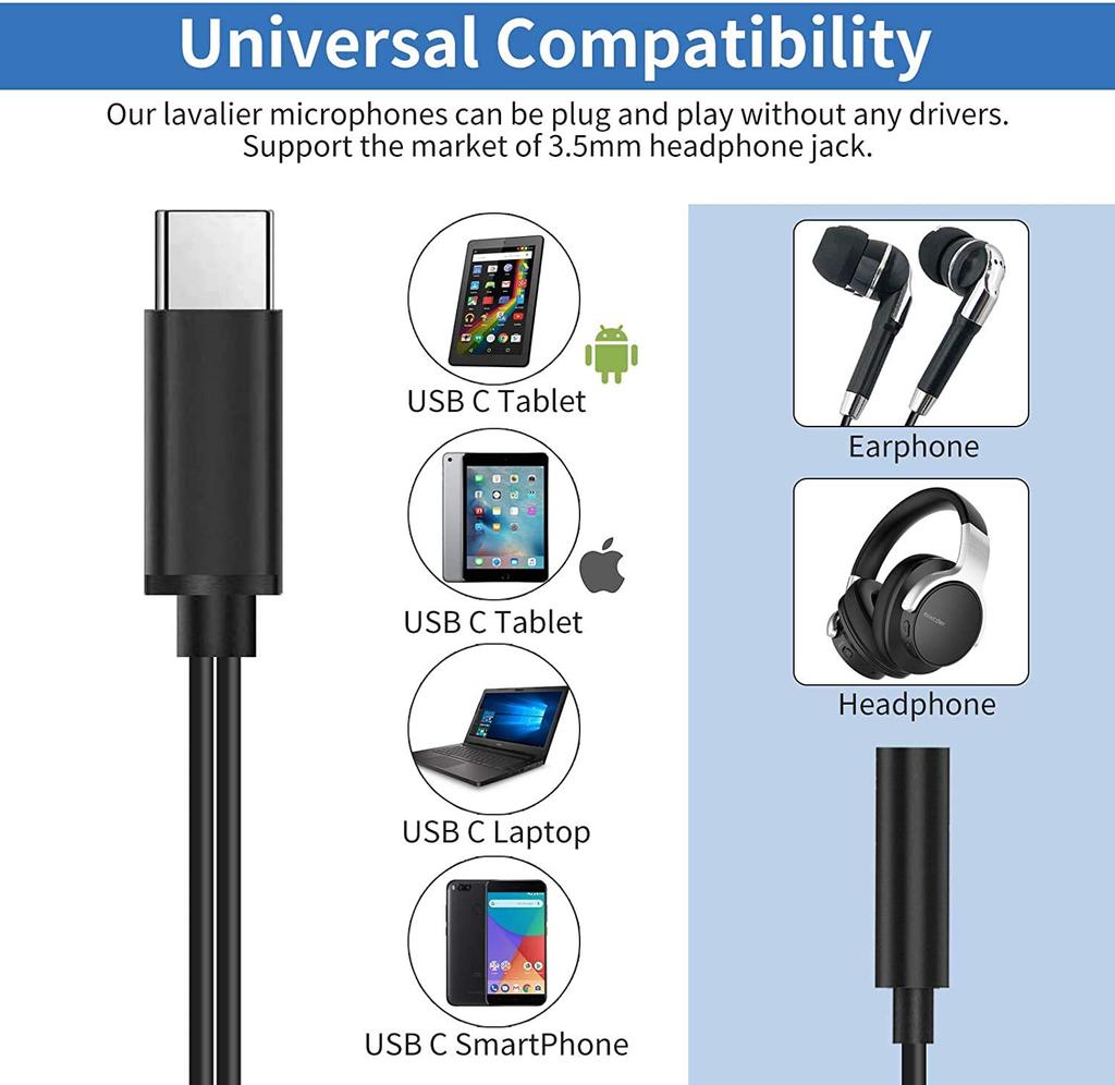 Condenser Microphone Microphone Pin Microphone Clip Type Omnidirectional Smartphone Microphone Length Cable Compatible with iPad Pro Book Air Sony