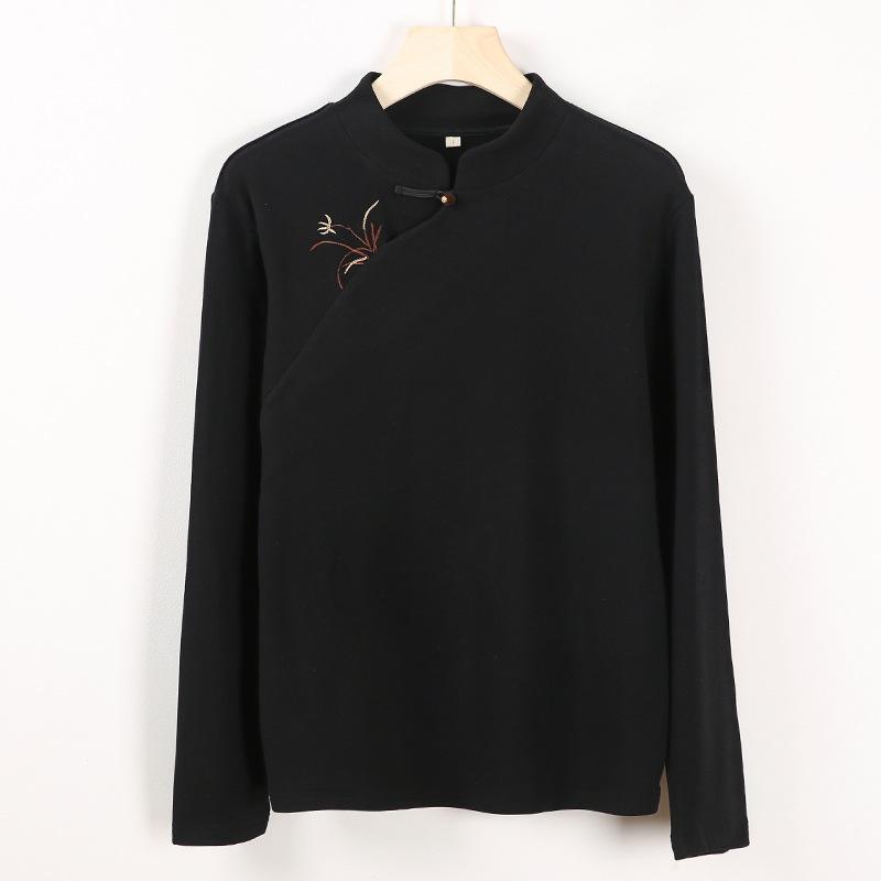 Johnature Женские рубашки-стойки в китайском стиле, теплые осенние топы, вышитые цветочные блузки, мягкая рубашка с длинным рукавом