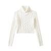 Y6013-26 Spring French Retro Fold-over High Neck Slim Fit Cable Knit Sweater