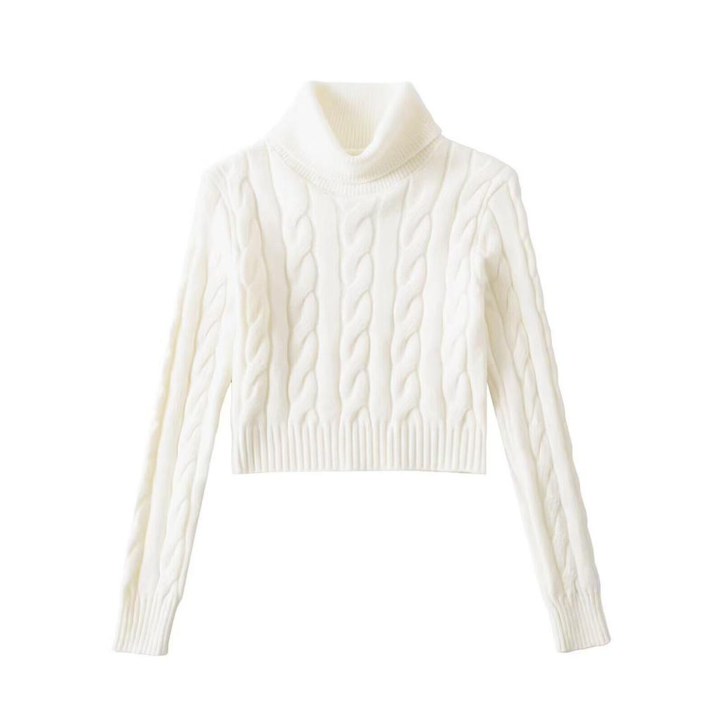 Y6013-26 Spring French Retro Fold-over High Neck Slim Fit Cable Knit Sweater