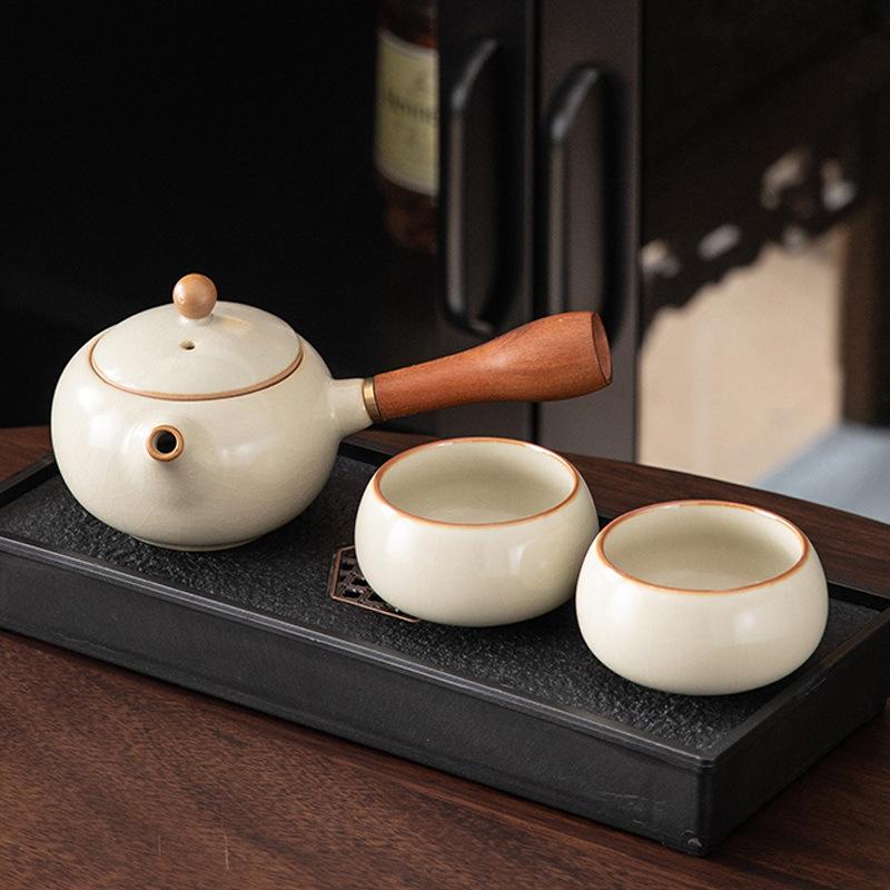 Ru kiln small teapot, ceramic kung fu tea set, tea set, teapot for one person to drink, one pot and two cups for personal use