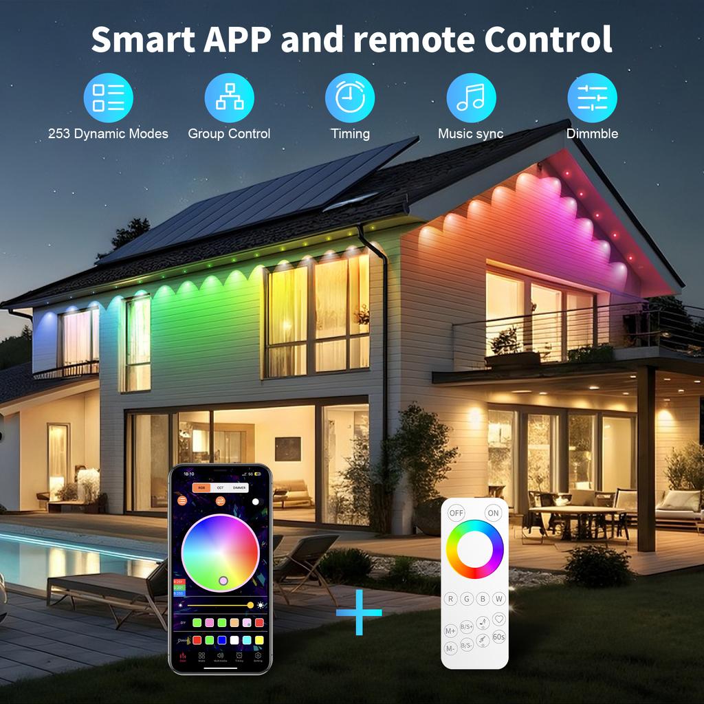 15M/30M/60M RGBIC Smart Eaves Light with APP/Remote Control IP67 Waterproof Outdoor String Lights House Roof Garden Lighting