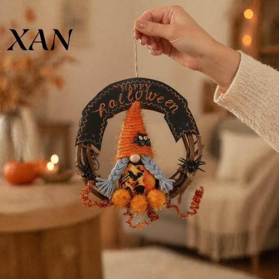 Halloween Wall Decoration Gnome Rattern Wreath, Handmade with Spider And Tinsel Accents, Door Wreath Hanging for Front Home Holiday Party Decor