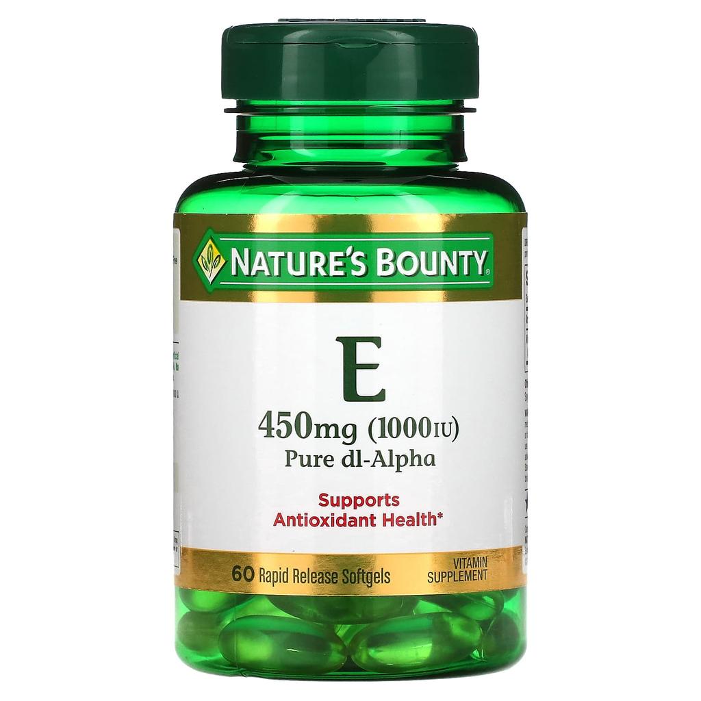 Nature's Bounty, Витамин E, Чистый DL-Альфа, 450 мг (1000 МЕ), 60 мягких капсул быстрого высвобождения