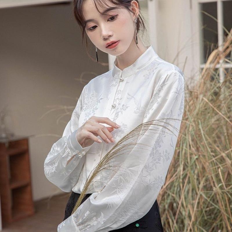 Блузка с длинным рукавом в китайском стиле, женская, элегантная вышивка, винтажный цветочный принт, шикарные топы, свободный крой, женские повседневные рубашки