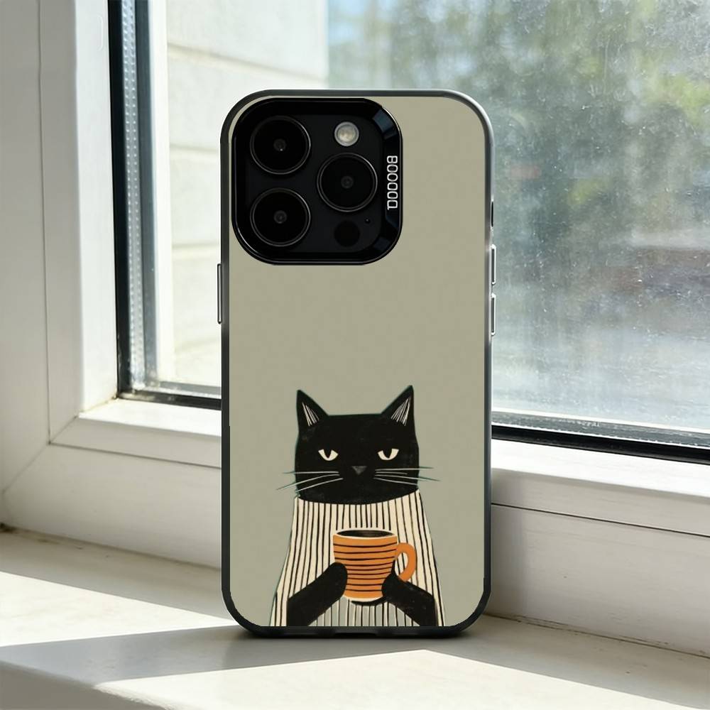 Чехол для телефона «Ленивый кот с кофе» для iPhone 17,16,15,14,13,12,11 Plus,Pro Max,XS, Цветной Серебристый Черный Чехол