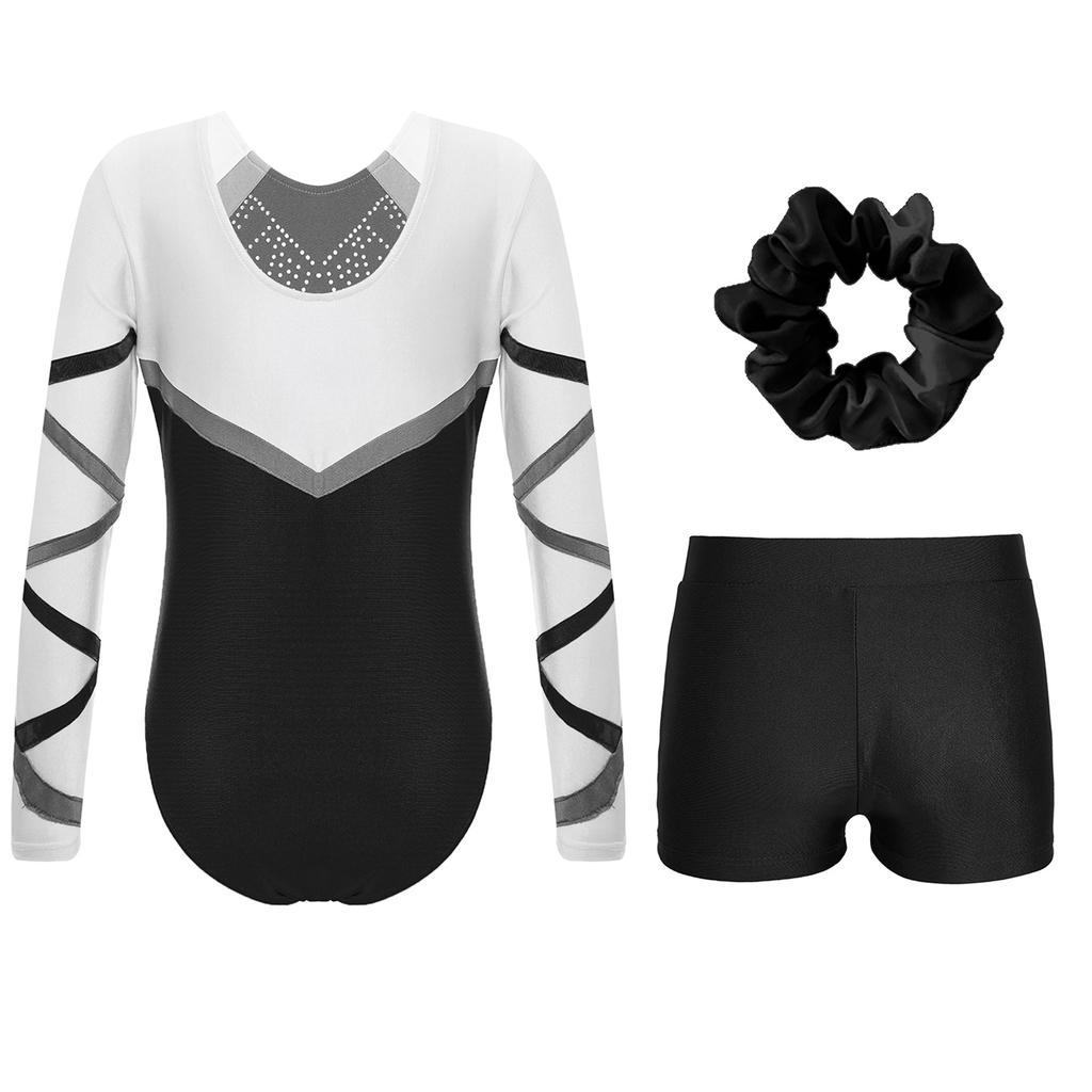 Костюм для танцев для девочек из 3 предметов, блестящий купальник с длинными рукавами, V-образный вырез спереди, шорты, повязка для волос для соревнований по гимнастике