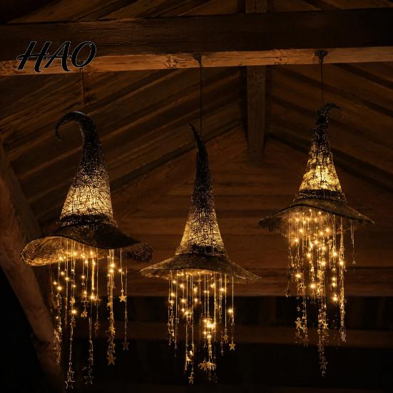 Outdoor Festive Hanging Stars Light Up Witch Hat Lamp, Glowing Halloween Ornament with Twinkling Magical Atmosphere Prop Moon, Indoor Porch