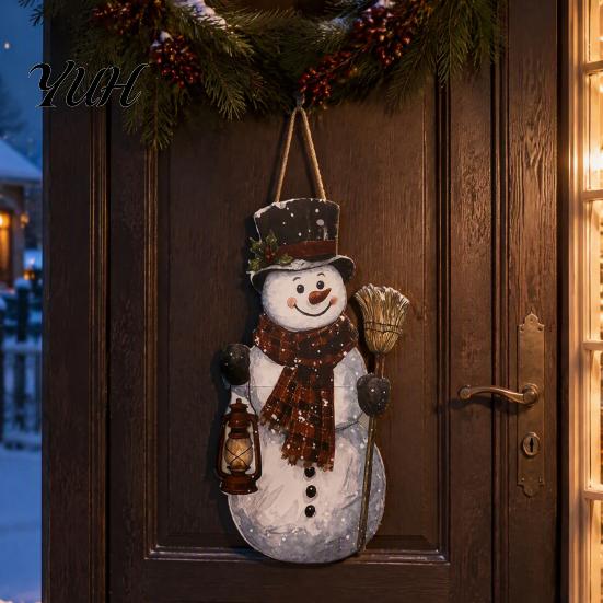 Large Holiday Door Hanger Vintage Christmas Welcome Sign, Rustic Santa Claus Snowman Wooden Hanging Ornament for Shop Wreath, Farmhouse Decorative