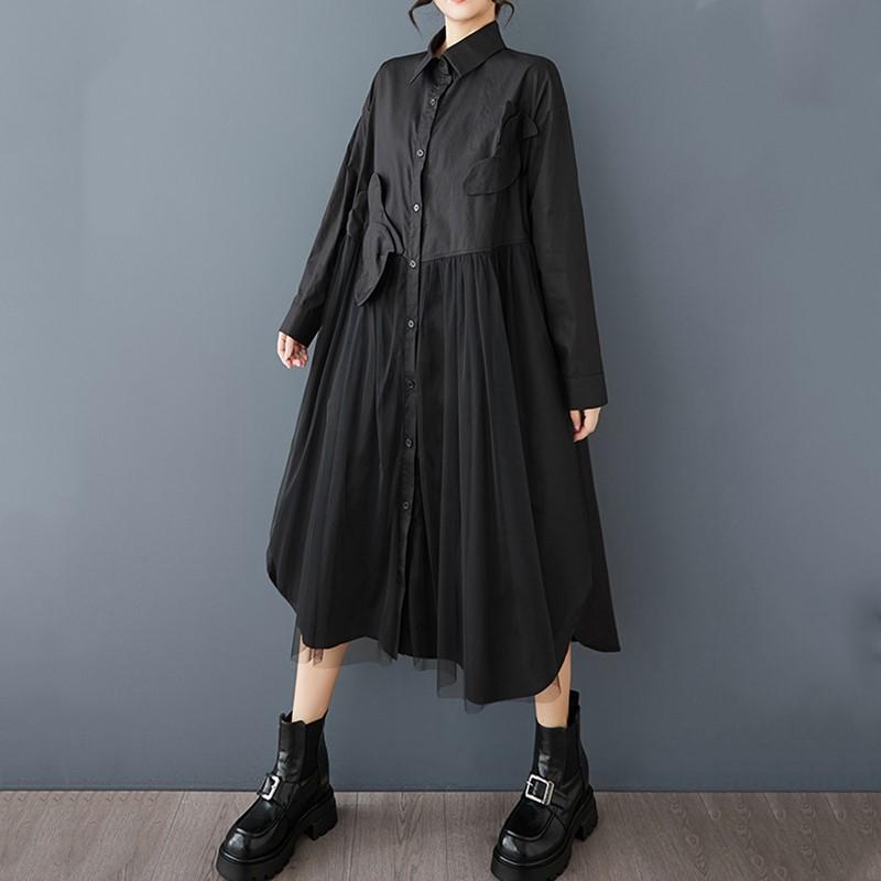 Long Sleeve Plus Size Cotton Mesh Vintage New In Dresses for Women Casual Loose Spring Autumn Shirt Dress