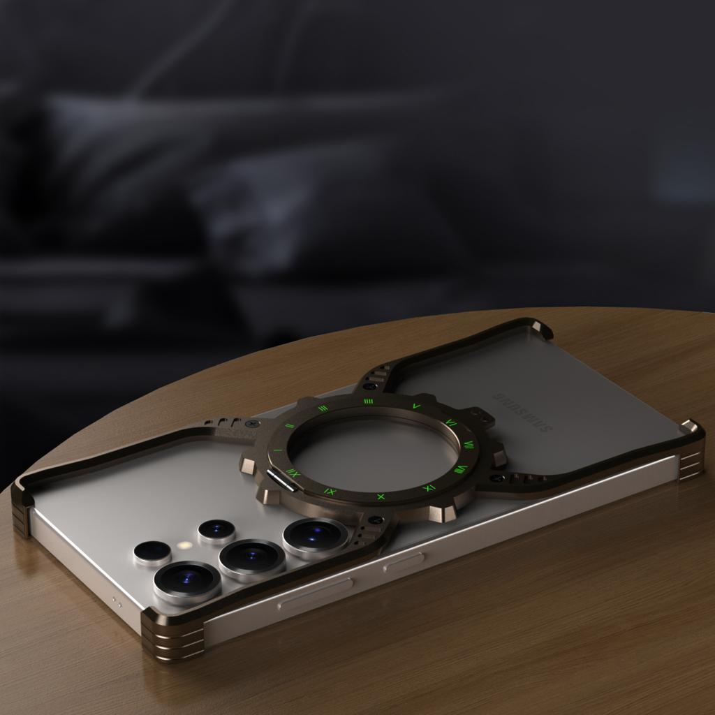 For Samsung Galaxy S23 Ultra Case Luminous Magnetic Kickstand Aluminum Alloy+PC Bumper Phone Cover Heat Dissipation