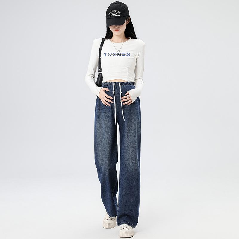 Женские широкие брюки с завязками на талии, длинные свободные брюки, повседневные джинсовые брюки