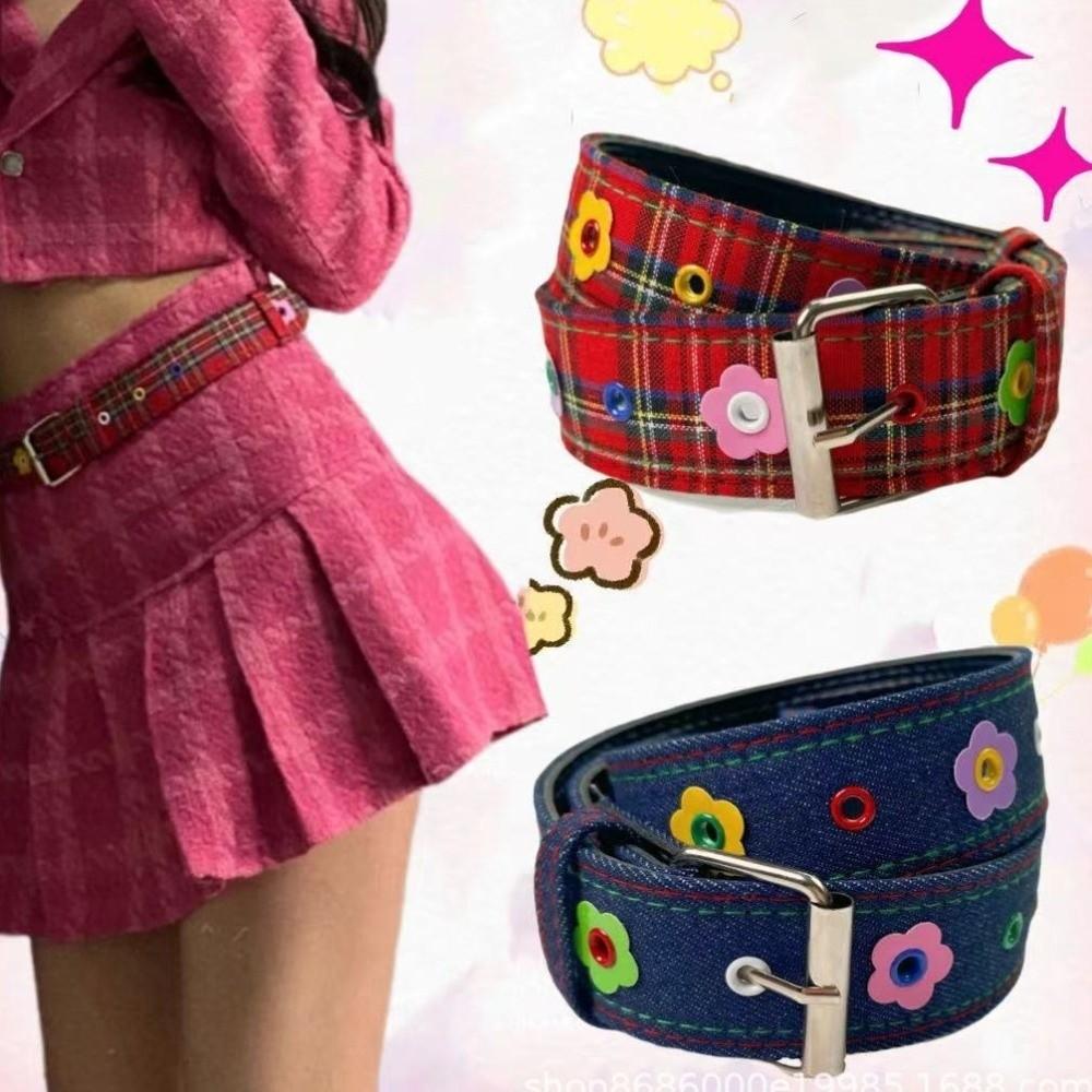 Adjustable Dopamine Flower Belt Y2k Women's Jeans Belt Pin Buckle Waistband for Pants